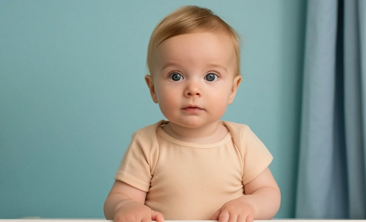 Japanese names that mean hope for boys -- A beautiful baby boy with light hair and blue eyes sitting against a blue background.