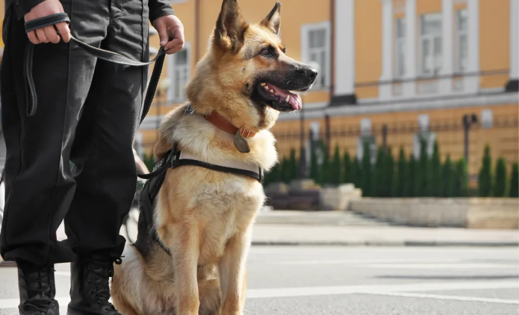 a man holding leash of a guard dog