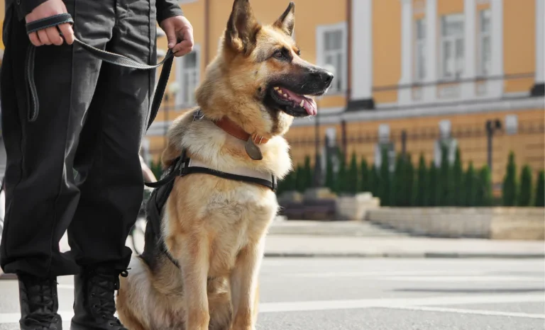 a man holding leash of a guard dog