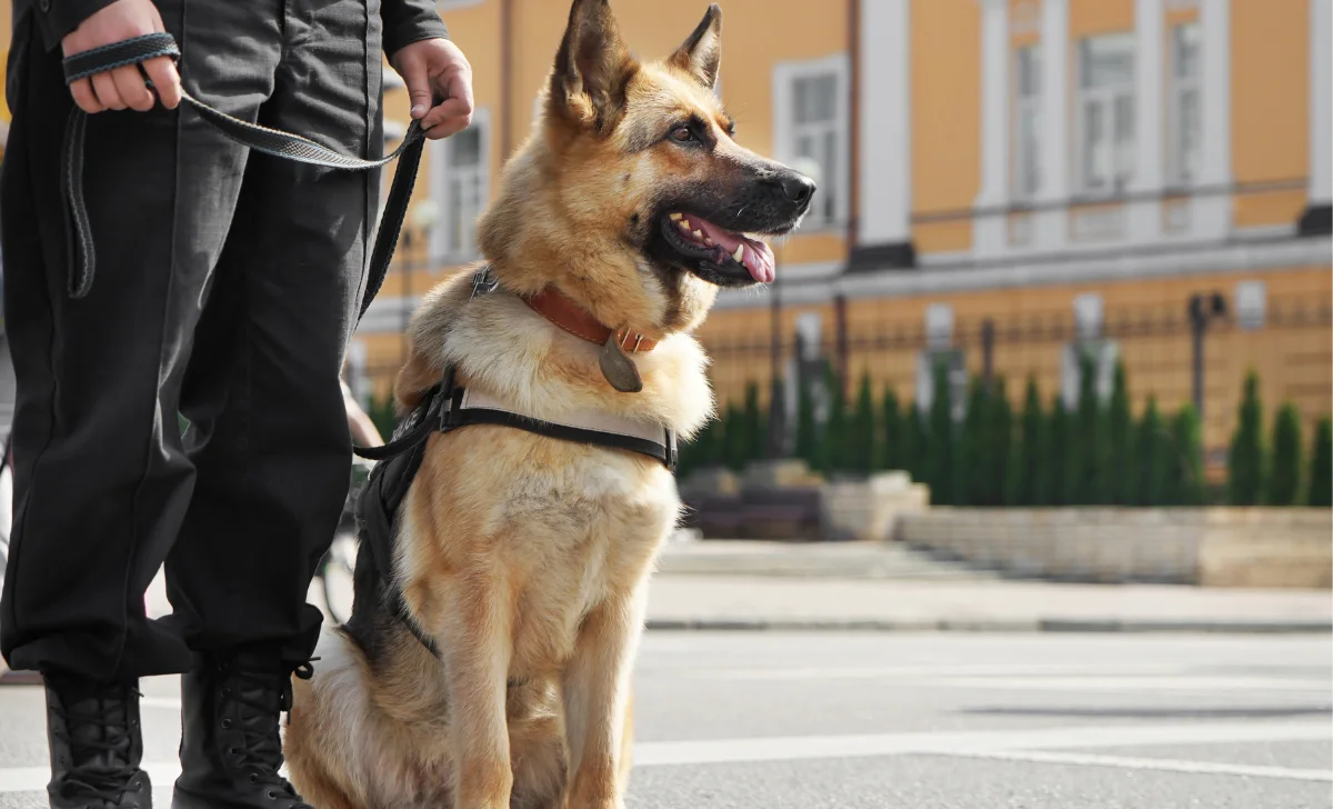 a man holding leash of a guard dog