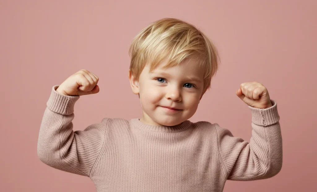 Japanese names that mean warrior for boys -- A little boy in a pink sweater flexing his arms.