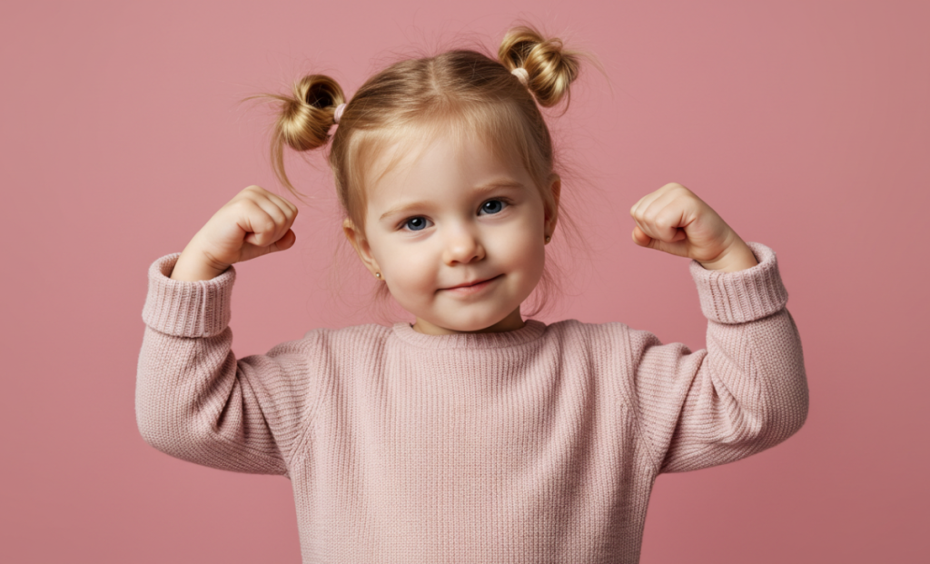 Japanese names that mean warrior for girls -- A little girl in a pink sweater is flexing her arms confidently.