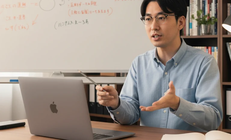 a Japanese teacher teaching his students online through a laptop