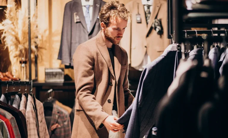 a man selecting a coat in clothing store