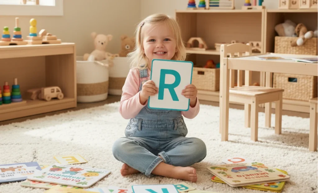 Japanese female names that start with R -- A toddler girl holding a flashcard with the letter “R” on it