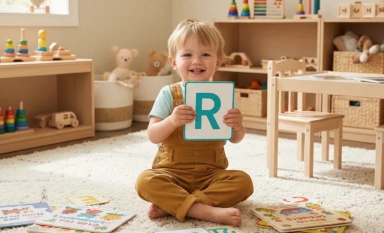 Japanese male names that start with R -- A toddler boy holding a flashcard with the letter “R” on it