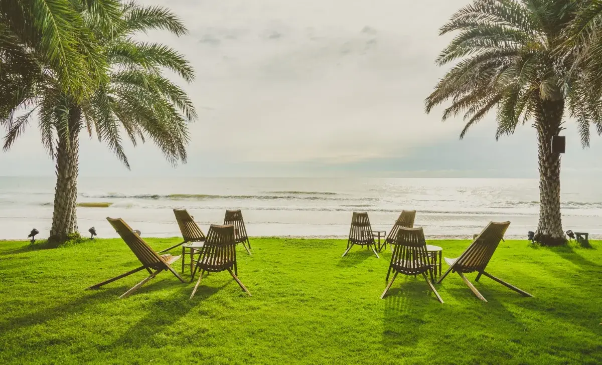 Wood chairs on the grass near beach