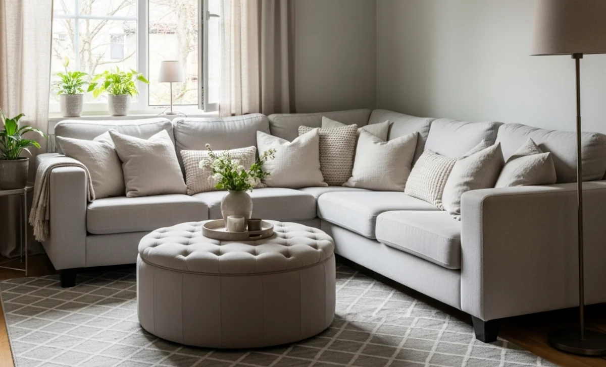 a cozy room with grey sofas and an ottoman