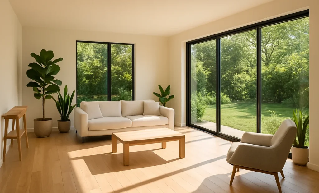 Modern, sunlit home interior with large windows that overlook a lush green garden.