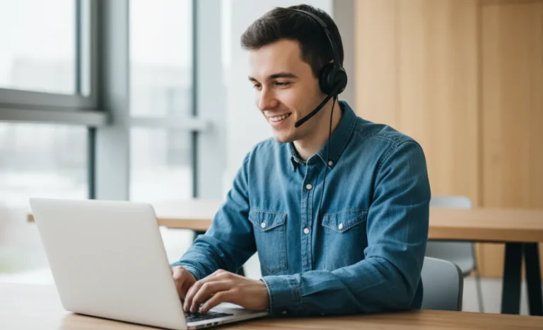 a man providing customer support on laptop