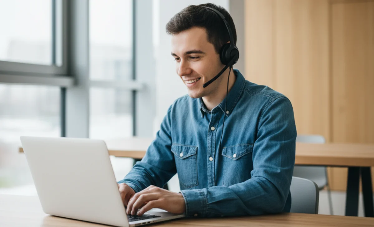 a man providing customer support on laptop