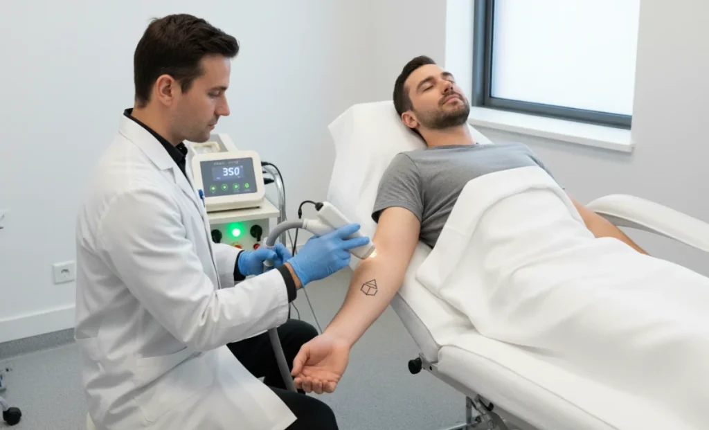 a man removing tattoo of another man