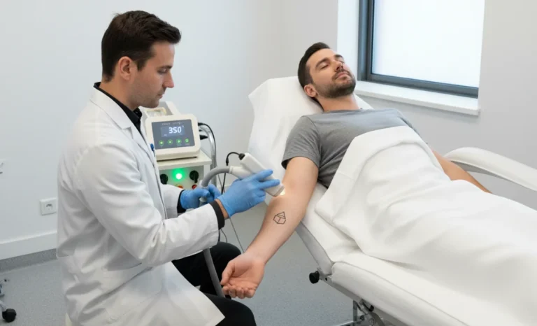 a man removing tattoo of another man