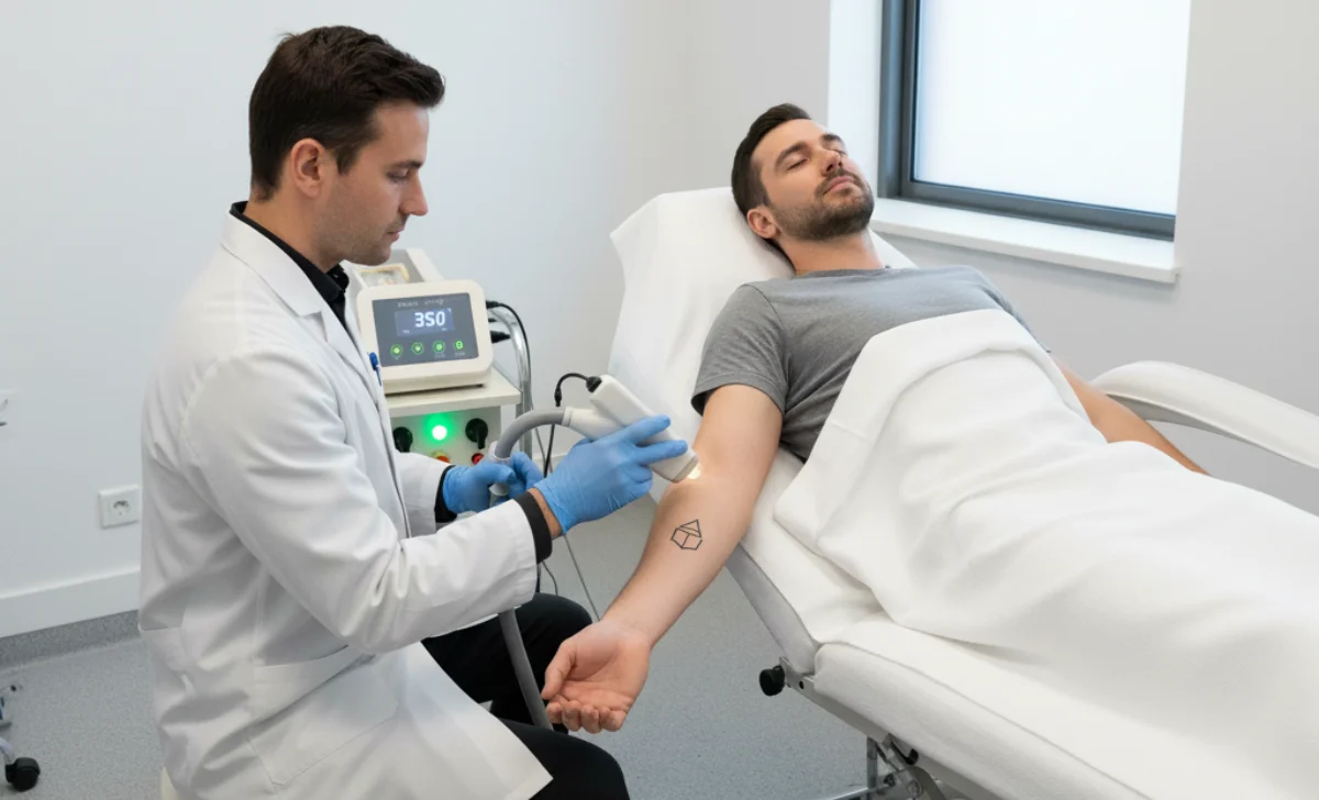 a man removing tattoo of another man