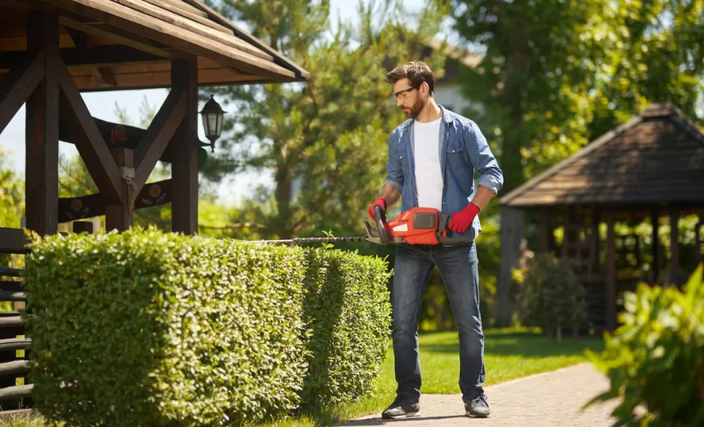 a man using machine to cut overgrown bush