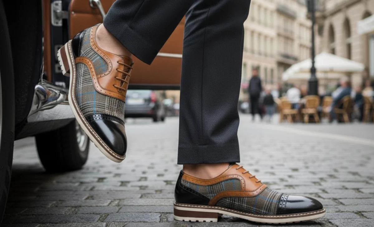 a man wearing leather and tweed lace-up