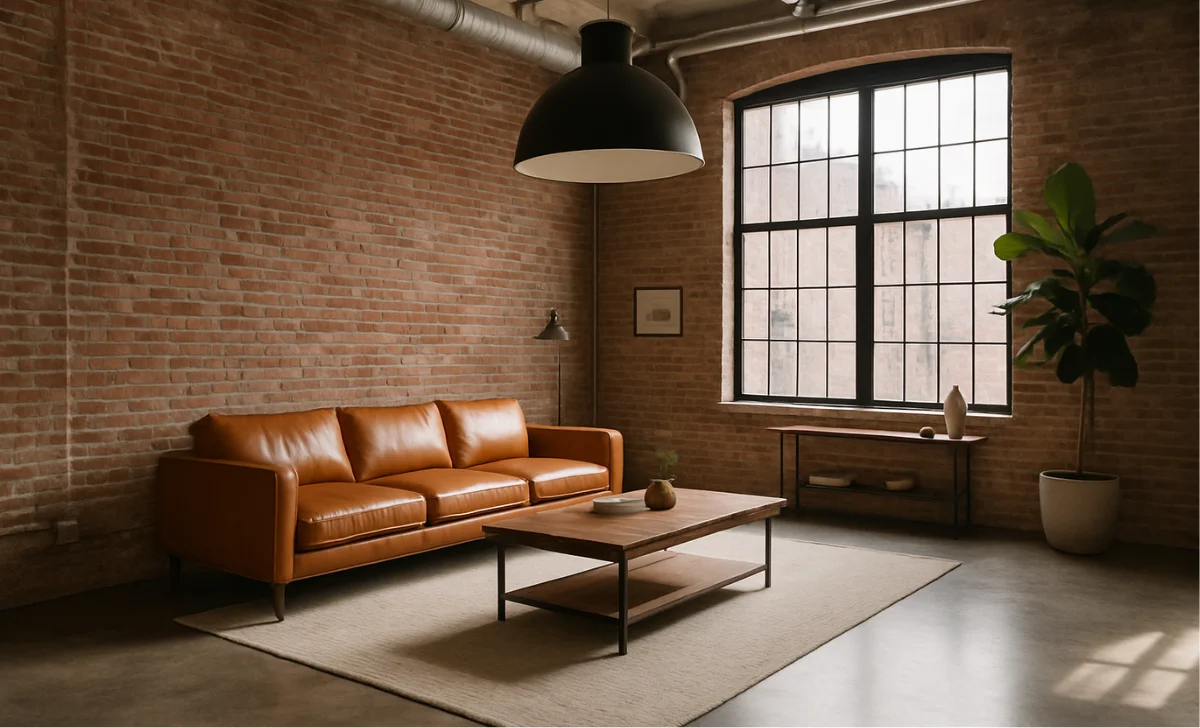 a minimalist room with a wooden table and sofa
