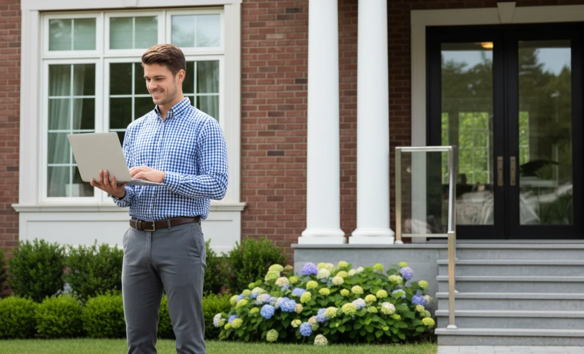 a real estate agent using laptop while standing