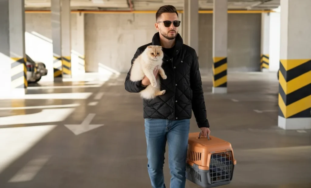 a walking man holding a cat