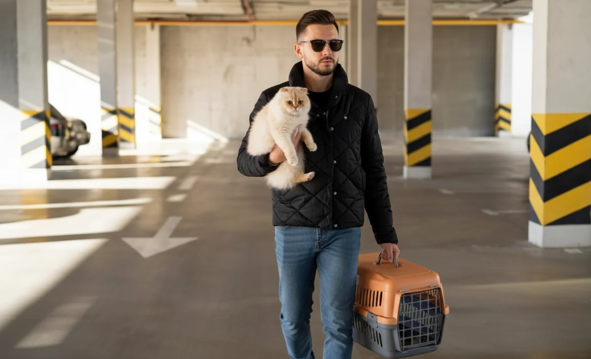 a walking man holding a cat