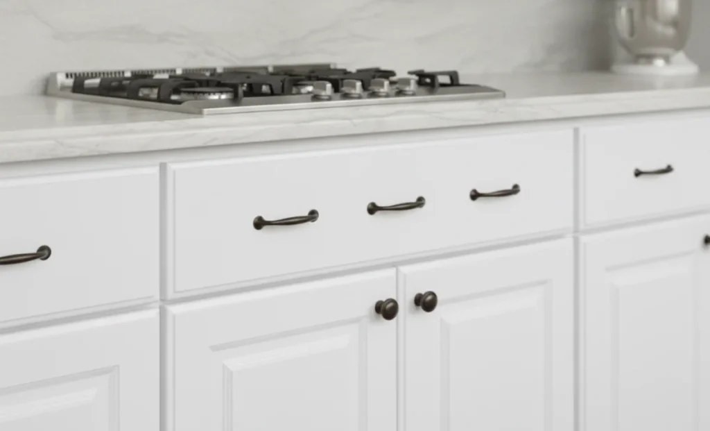 bronze handles of kitchen drawers