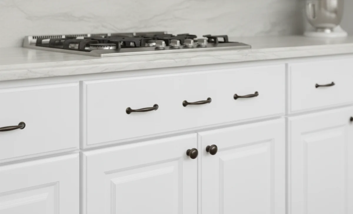 bronze handles of kitchen drawers