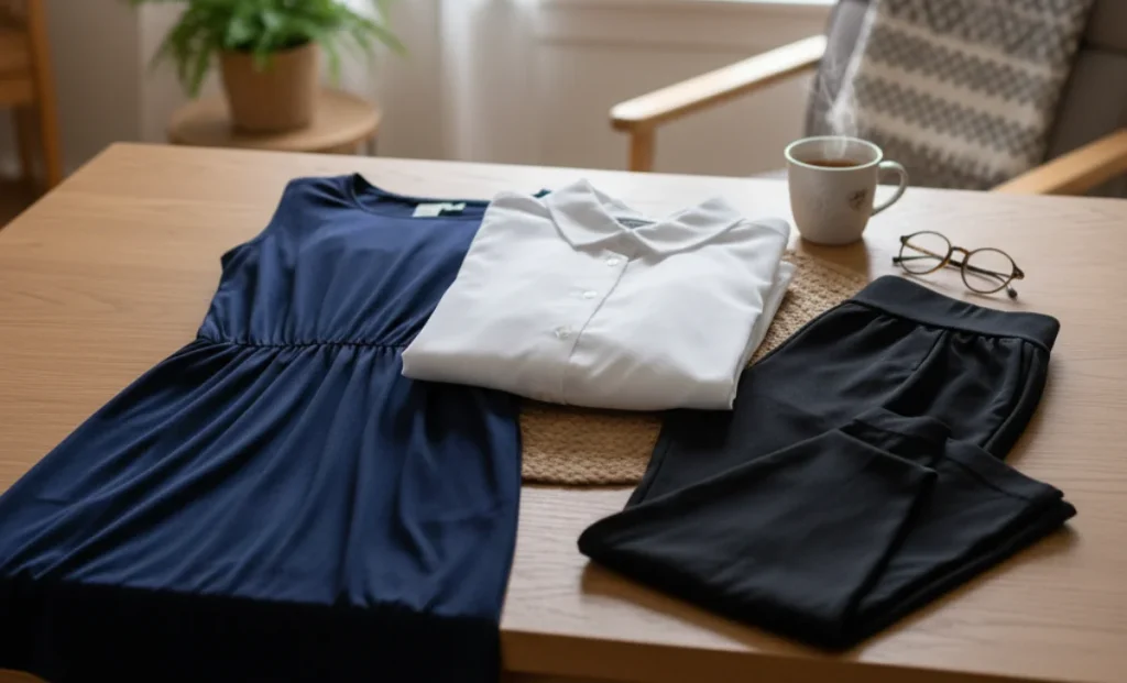 simple maternity workwear lyed on a table in a cozy room