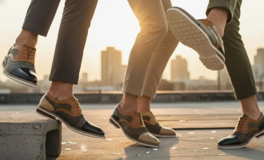 three men wearing leather and tweed lace-up