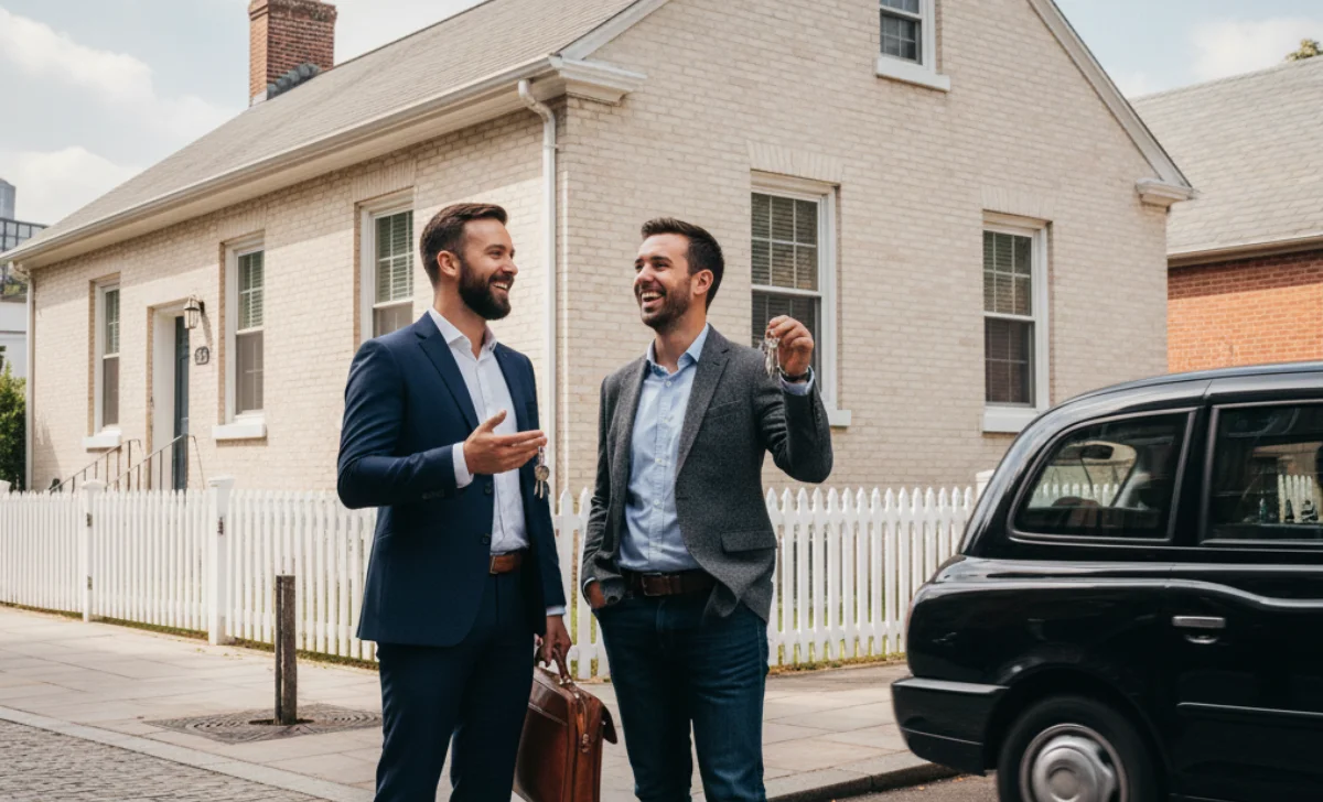 two men standing in front of a house