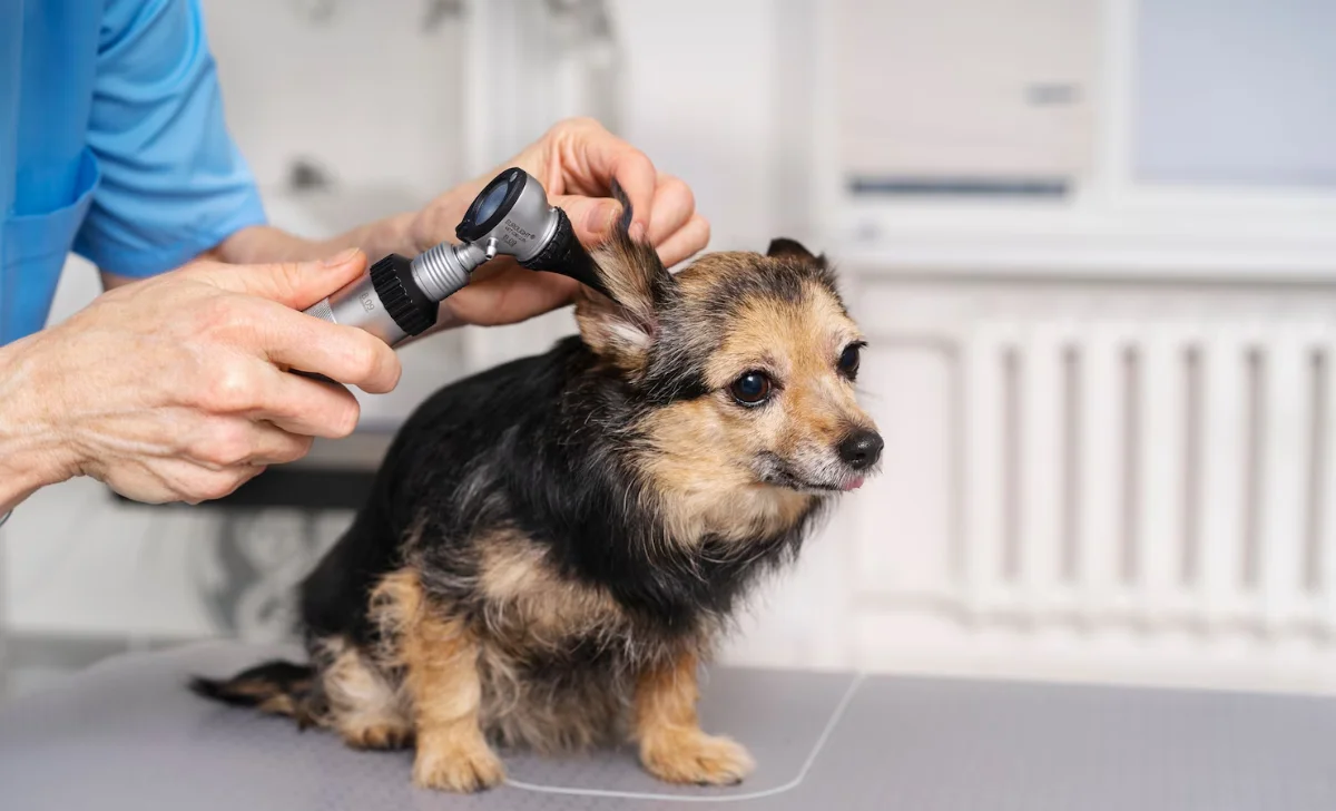 veterinarian examining a dog's ear infection