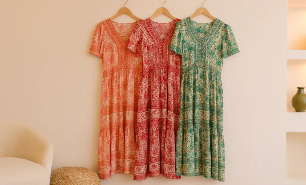3 Boho Maxi Dress haning on hangers