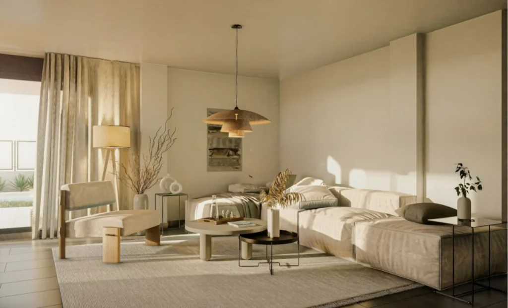 a cozy living room with sunshine coming through