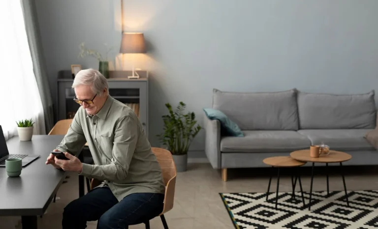 a happy senior man in living room