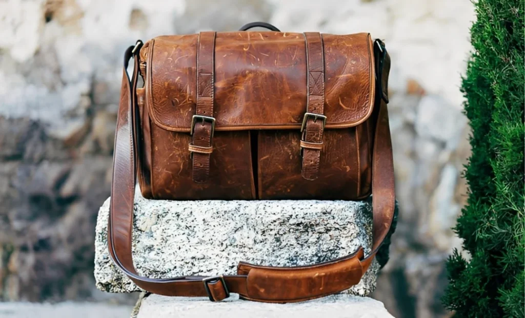 a leather bag on a rock