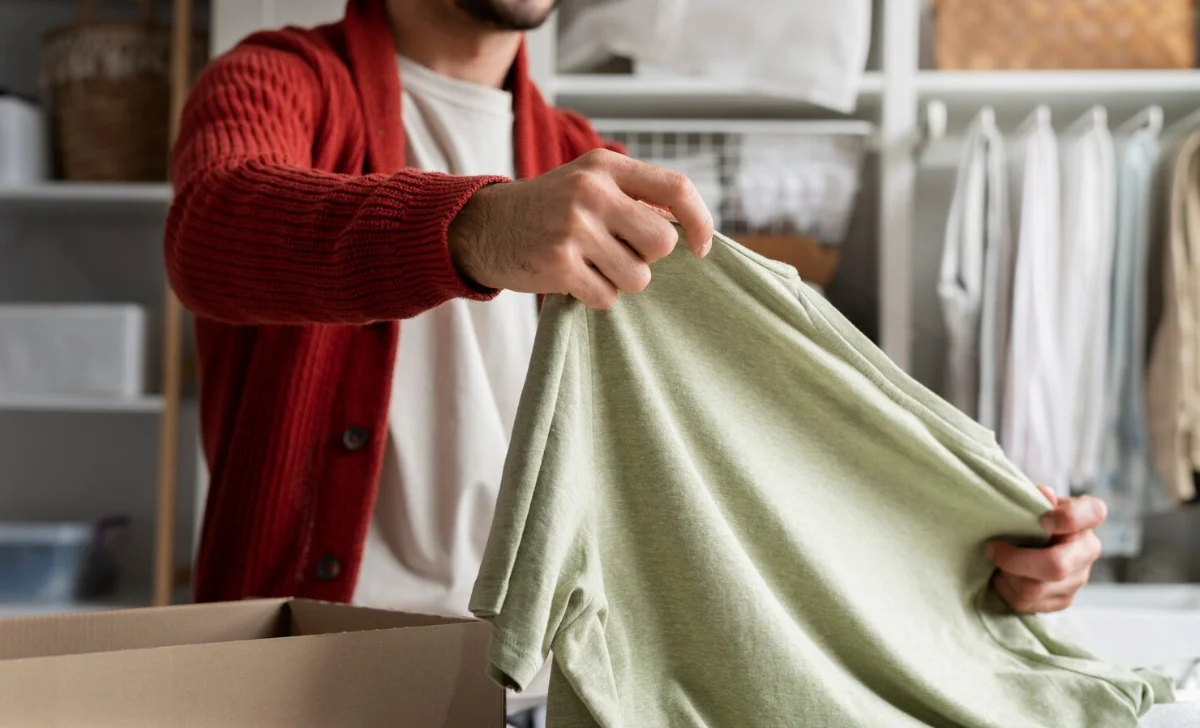 a man looking a shirt that is in his hands