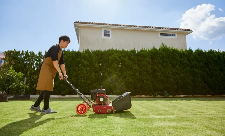 a man using electric lawn mower