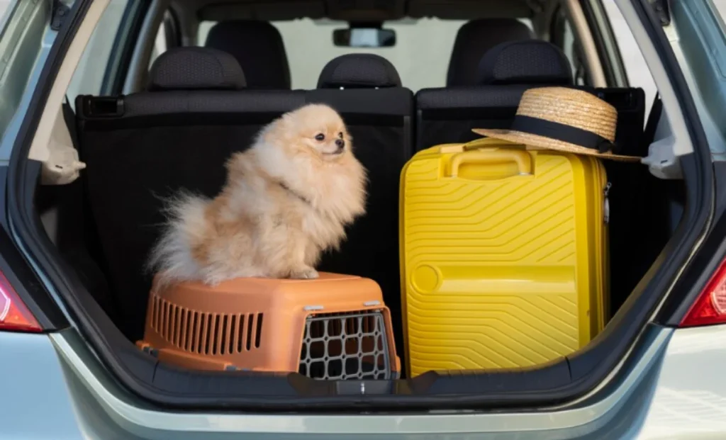 a pet dog in car trunk