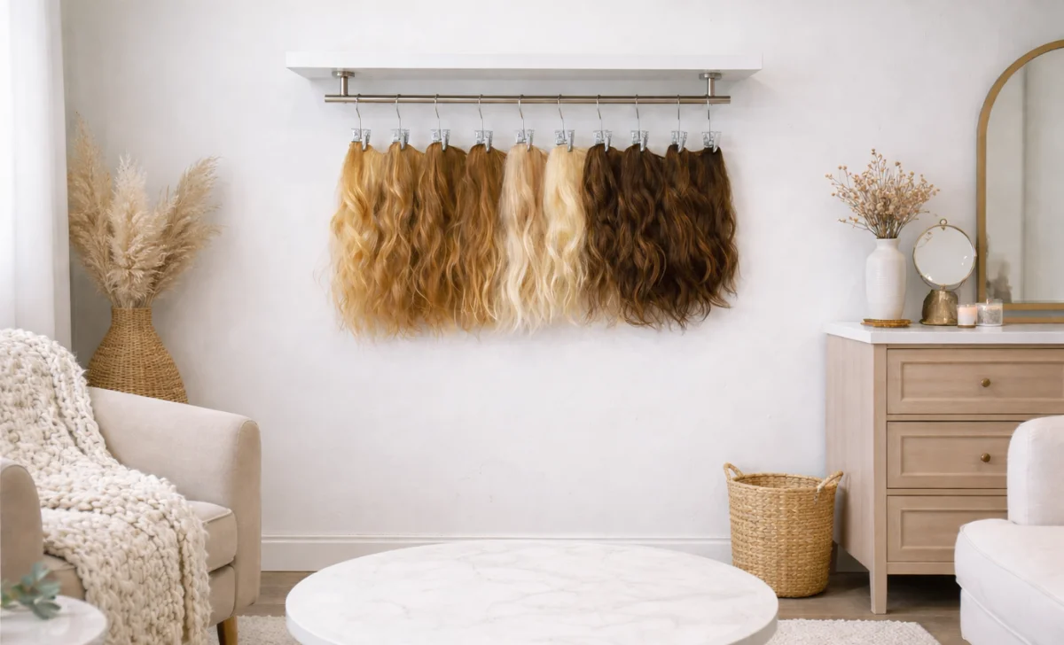 hair extensions haning on hangers