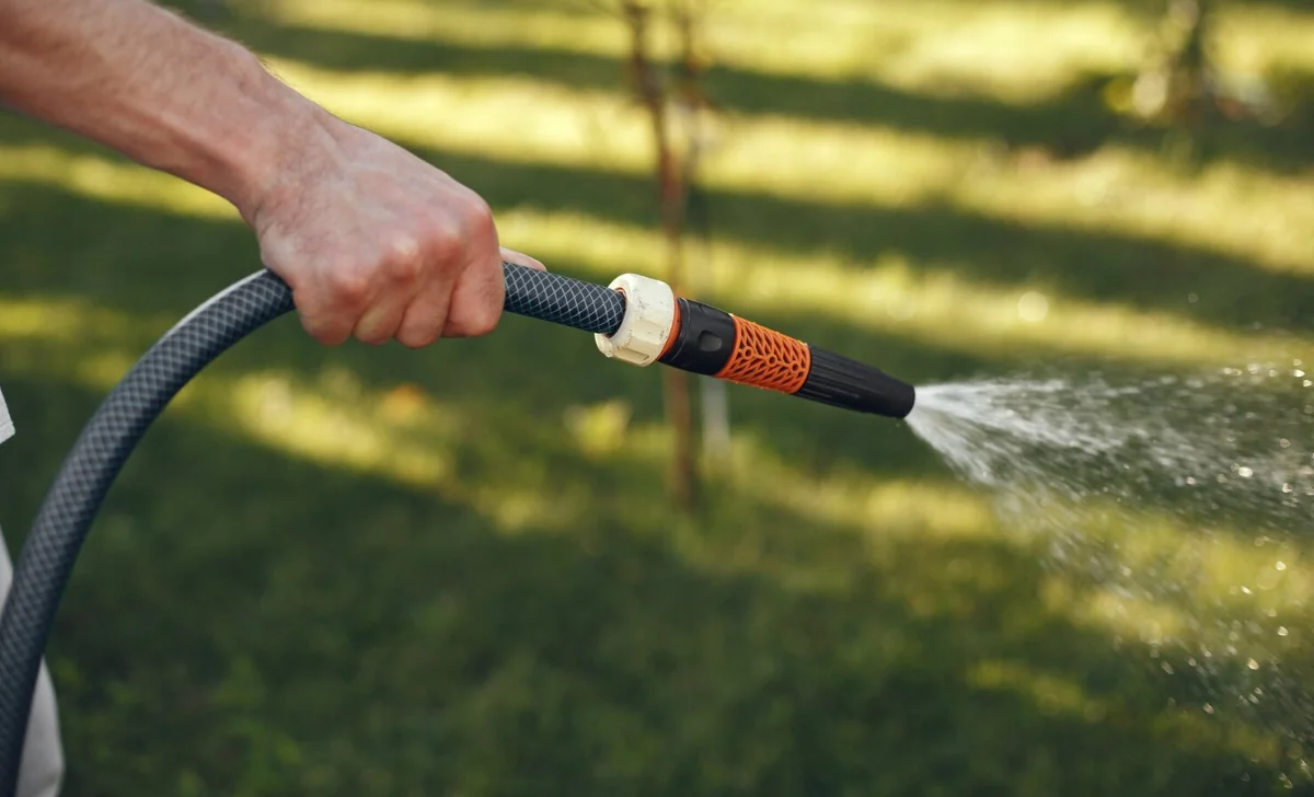 a man watering grass with a hose