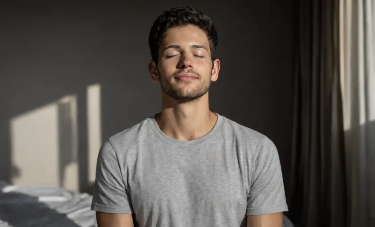 a calm, closed eyes man