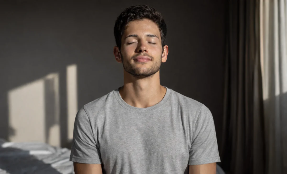 a calm, closed eyes man