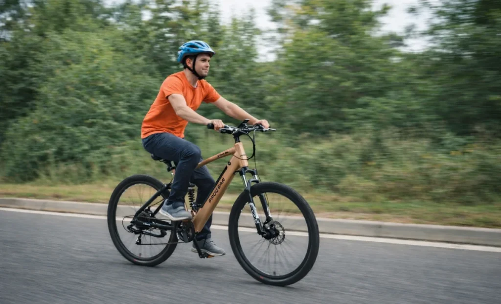 a man in orange shirt riding an e-bike