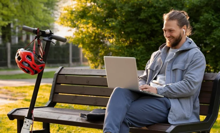 a man working on a laptop sitting on bench