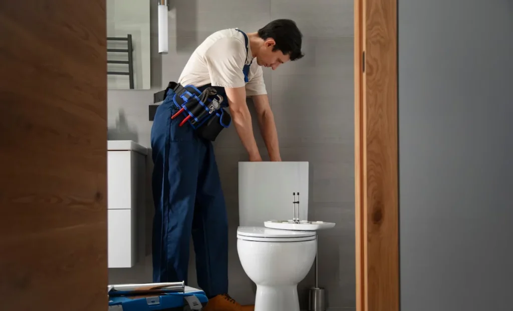 a plumber working in a bathroom