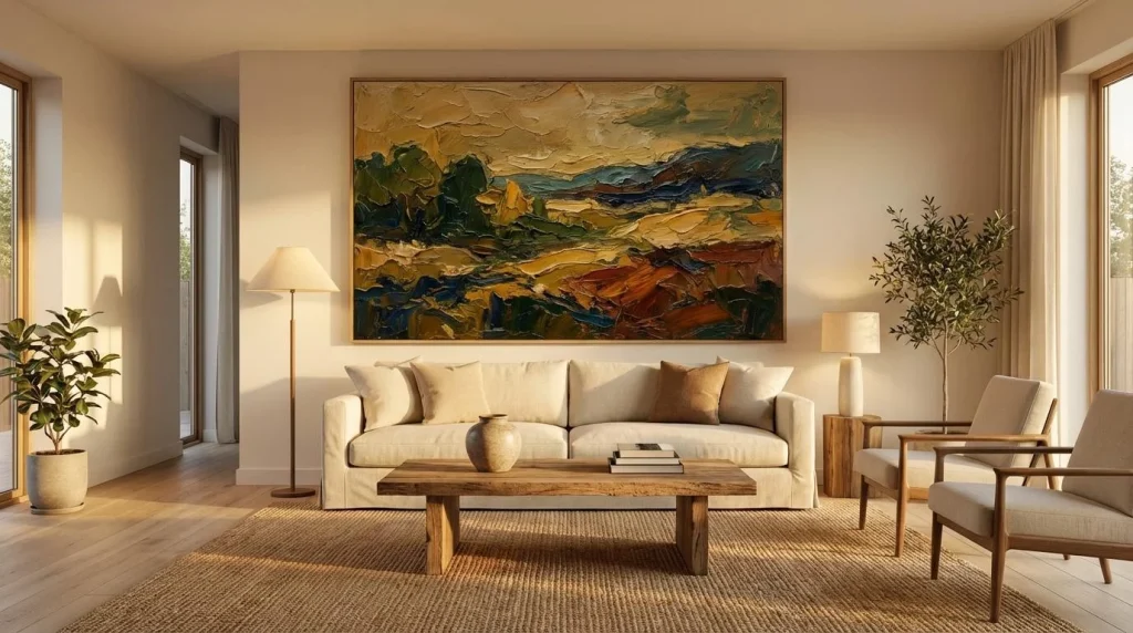 a lounge with wall painting on wall