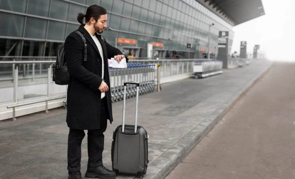 a man at airport looking at his watch