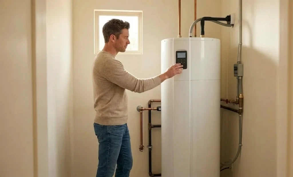 a man standing near a Heat Pump Water Heater