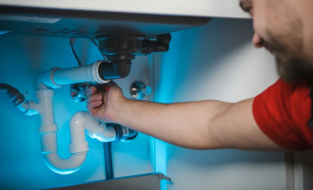 a plumber repairing the plumbing system underneath a sink
