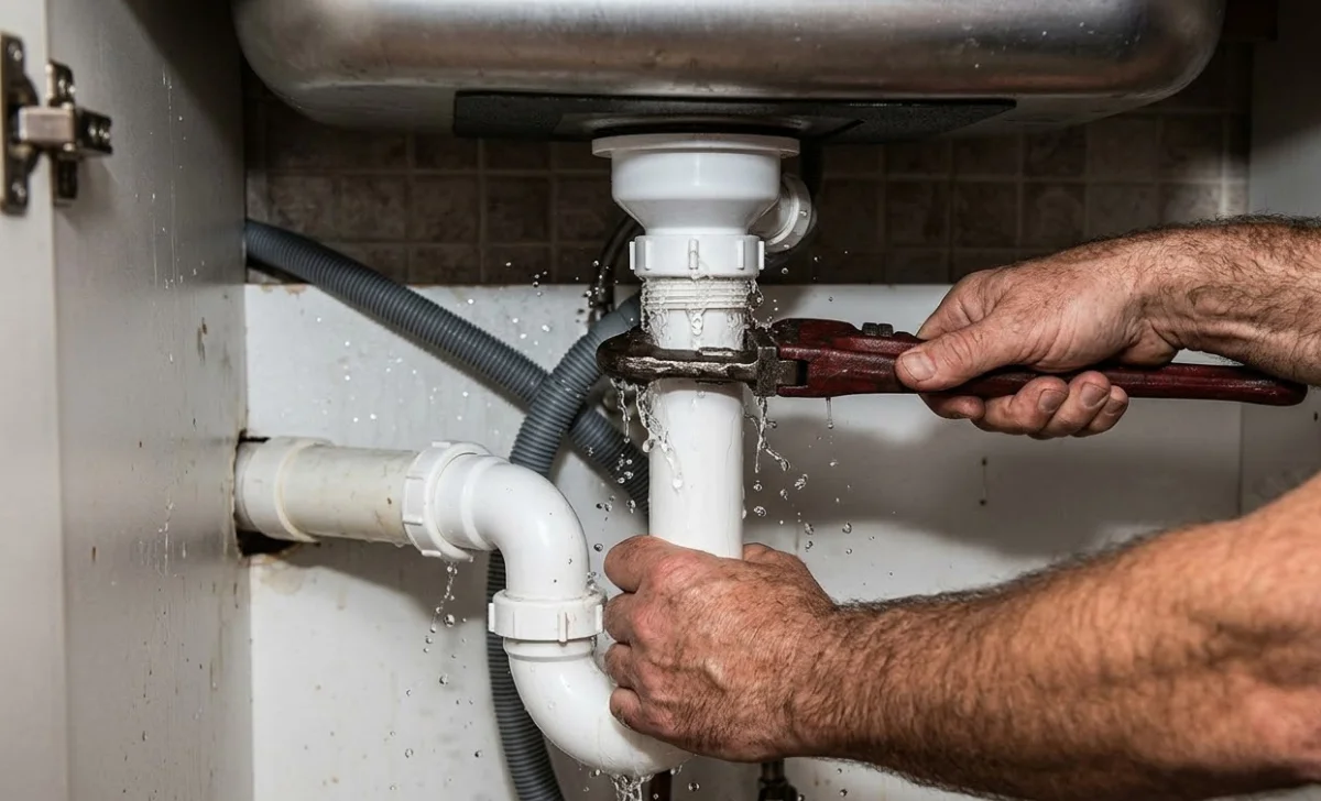 a plumber using wrench on pipe