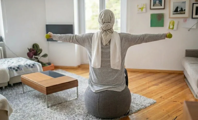 an aged woman exercising at home